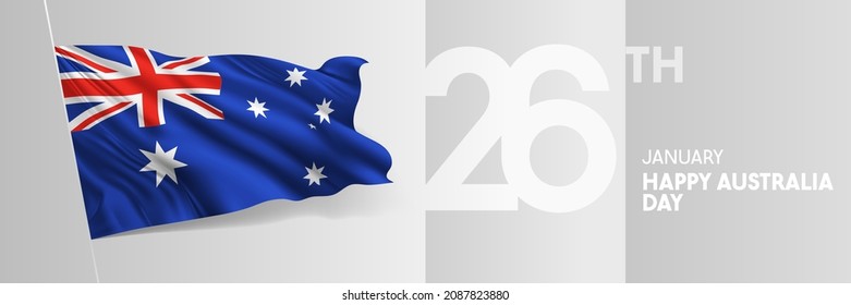 Tarjeta de saludo de feliz día de Australia, ilustración vectorial de banner. Fiesta nacional australiana 26 de enero elemento de diseño con bandera ondulada 3D en asta de bandera