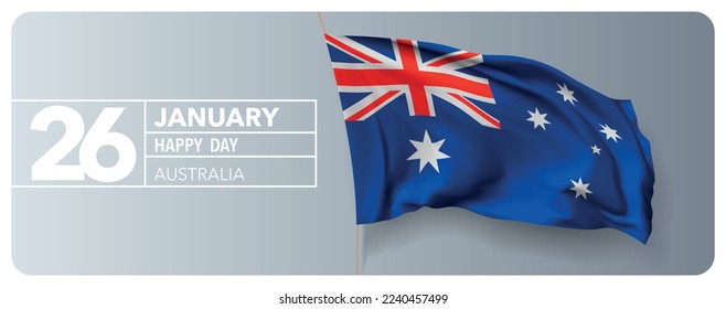 Tarjeta de saludo de feliz día de Australia, ilustración vectorial de banner. Fiesta nacional australiana 26 de enero elemento de diseño con bandera ondulada en 3D en asta de bandera