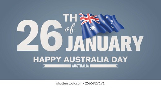 Australia happy day greeting card, banner with template text vector illustration. Australian memorial holiday 26th of January design element with 3D flag with stripes