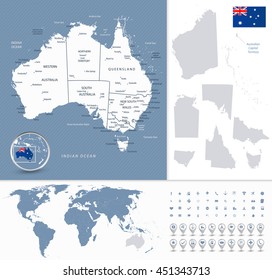 Australia Highly Detailed Map and World Map Navigation Set. All elements are separated in editable layers clearly labeled.