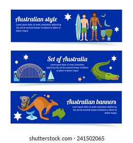 Australia horizontal banner set with tourist and travel landmarks isolated vector illustration
