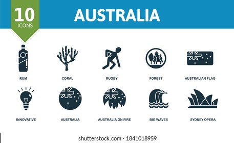 Australia icon set. Collection contain kangaroo, koala, boomerang, ostrich, surfing, crocodile, croquet, cruise, safari, rum, corral, australian and over icons. Australia elements set.