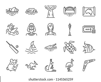 Australia Icon Set. Included Icons As Australian Aboriginal, Indigenous, Kangaroo, Koala Bear, Surfing, Sydney And More.