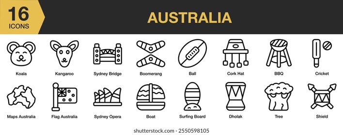 Conjunto de ícones da Austrália. Inclui coala, ponte sydney, canguru, mapas, bumerangue, bola, barco e muito mais. Contornar coleção de vetores de ícones.