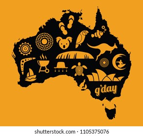 Australia icon set - orange & black - vector illustration
