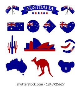 Australia icon set in red and blue color. Flag of Aussie, Boomerang, map, kangaroo, koala head, Sydney opera house.