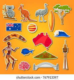 Australia icons set. Australian traditional sticker symbols and objects.