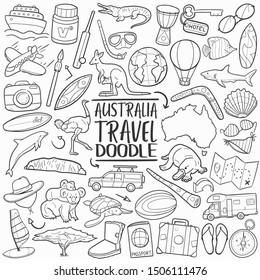 Australia Icons Travel. Tourism Set Famous Country. Traditional Doodle Drawn Sketch Hand Made Design Vector.