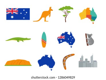 Australia icons. Vector. Australian traveling set with flag and map, isolated. Flat design illustration. Cartoon symbols on white background.