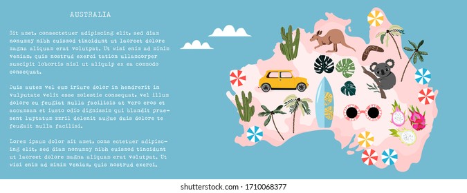 Australia illustrated map banner. Australian culture, nature and traditions on a map. Hand-drawn modern vector illustration for web and print. Trendy Australian map design.