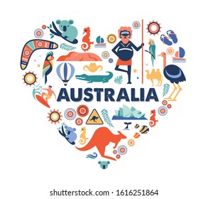 Australia illustration of heart with many icons, symbols. Vector design