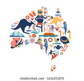 Australia illustration of map with many icons, symbols. Vector design