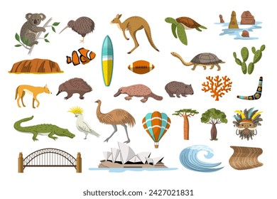 Australia illustrations. Native items collection kangaroo bumerang flag recent vector pictures of australia