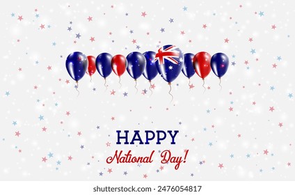 Australia Independence Day Sparkling Patriotic Poster. Row of Balloons in Colors of the Australian Flag. Greeting Card with National Flags, Confetti and Stars.