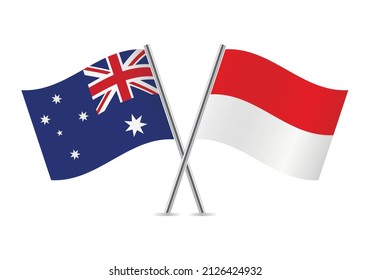 Australia and Indonesia crossed flags. Australian and Indonesian flags isolated on white background. Vector illustration.