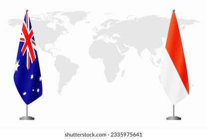 Australia and Indonesia flags for official meeting against background of world map.