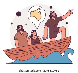 Australia Inhabitation. First Human Migration To The Australian Continent. Human Evolution Theory. Humanity Ancestors, Anthropology Studying Concept. Flat Vector Illustration