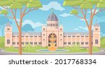 Australia invitation cartoon background with building of royal exhibition centre in melbourne flat vector illustration