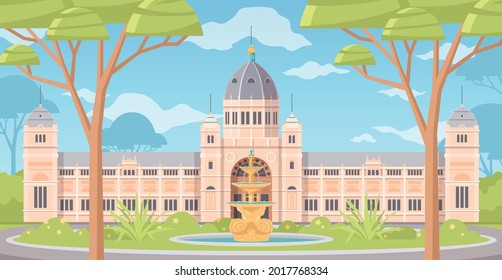 Australia invitation cartoon background with building of royal exhibition centre in melbourne flat vector illustration