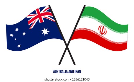Australia and Iran Flags Crossed And Waving Flat Style. Official Proportion. Correct Colors.