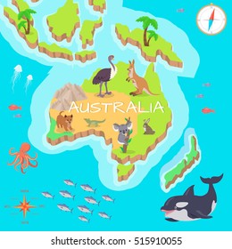 Australia isometric map with flora and fauna. Cartography concept with nature. Geographical map with local fauna. Australia continent with mammals and sea life. Vector illustration for kids