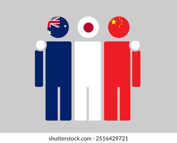 Australia, Japan, and China National Flags With Embracing Body. Vector Illustration. Isolated background.