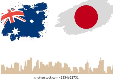 Australia and Japan Vector Flag with the background of Buildings. Vector Illustration
