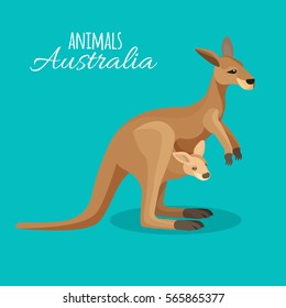 Madre animal canguro de Australia con hijo en el bolsillo con fondo azul. Imagen vectorial de un animal marsupial marsupial aislado australiano con un bebé de estilo plano. Criatura herbívora tropical