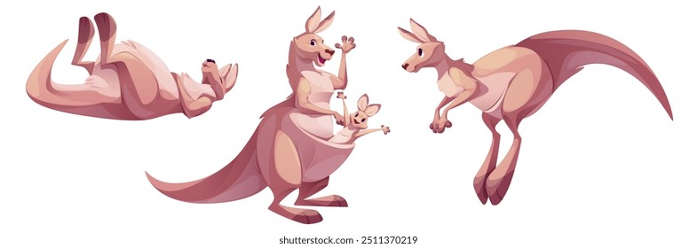 Australien Känguru Charakter. Lustige und süße springen Tier clipart. Mutter und Baby Wallaby Springen Maskottchen. 2d wilde Mama in Schlaf-, Walking-und schwenkende Pfote Pose. Tropisches Beuteltier