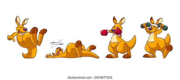 Australia kangaroo character. Jump cute and funny animal vector clipart. Isolated australian mammal laughing, boxing in gloves, exercise with dumbbell design set. Tropical mascot graphic for game