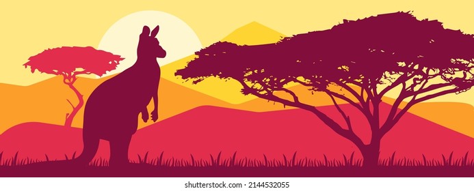 Australia kangaroo on landscape nature background. Wild animals in their natural habitat. Sunrise vector EPS