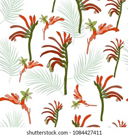 Australia Kangaroo Paw Native Flowers And Tropical Leaf Seamless Pattern