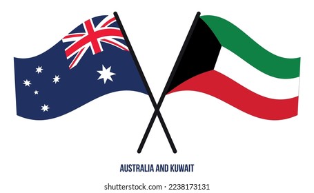 Banderas de Australia y Kuwait Cruzadas y ondeando estilo plano. Proporción oficial. Colores correctos.