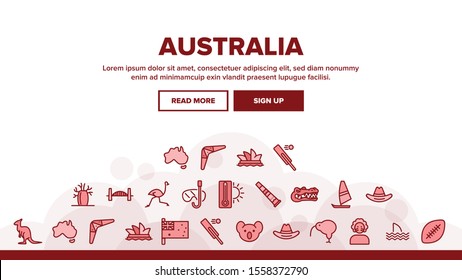 Australia Landing Web Page Header Banner Template Vector. Crocodile And Kangaroo, Koala And Parrot, Shark Fin And Flag Of Australia Illustration