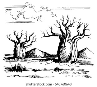 Australia Landscape With Baobab Trees. Vector Sketch Drawing Linear Gel Pen.