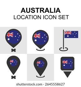Australia location icon set with map pins and flag designs. Perfect for travel apps, UI maps, and geographic content.