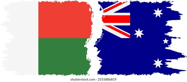 Australia and Madagascar grunge flags connection, vector
