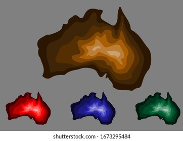 Australia made of paper. 3D Origami Continent in red, blue, brown and green. 4 vector images of paper in waveform.
