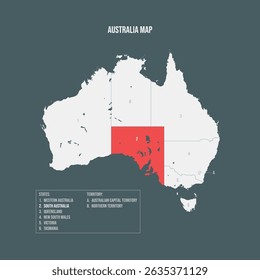 Australia Map with 6 states and 2 territory - South Australia