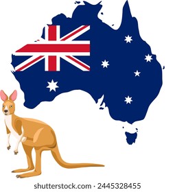 Australia map, abstract map of Australia in the form of a flag with a kangaroo isolated on a white background. Vector, cartoon illustration. Vector.