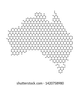Australia map from abstract futuristic hexagonal shapes, lines, points black, in the form of honeycomb or molecular structure. Vector illustration.