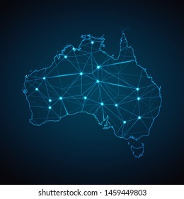 Australia Map - Abstract geometric mesh polygonal network line, structure and point scales on dark background with lights in the form of cities. Vector illustration eps 10.