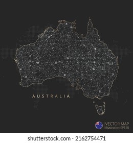 Australia map abstract geometric mesh polygonal light concept with black and white glowing contour lines countries and dots on dark background. Vector illustration.