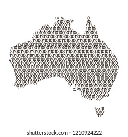 Australia map abstract schematic from black ones and zeros binary digital code. Vector illustration.