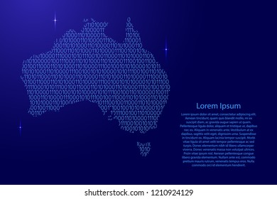 Australia map abstract schematic from blue ones and zeros binary digital code with space stars for banner, poster, greeting card. Vector illustration.