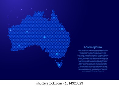 Australia map abstract schematic from blue triangles repeating pattern geometric background with nodes and space stars for banner, poster, greeting card. Vector illustration.