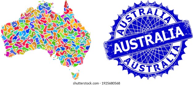 Australia map abstraction. Splash pattern and grunge stamp seal and Australia map. Sharp rosette blue stamp seal with text and Australia map.