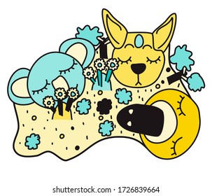 Australia map with animals and plants in doodle style.