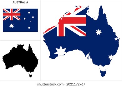 Australia map with Australian flag background - Map as a black pattern and Australian flag available separately