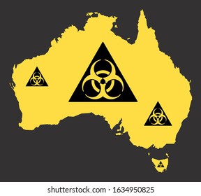 Australia map with biohazard virus sign illustration in black and yellow